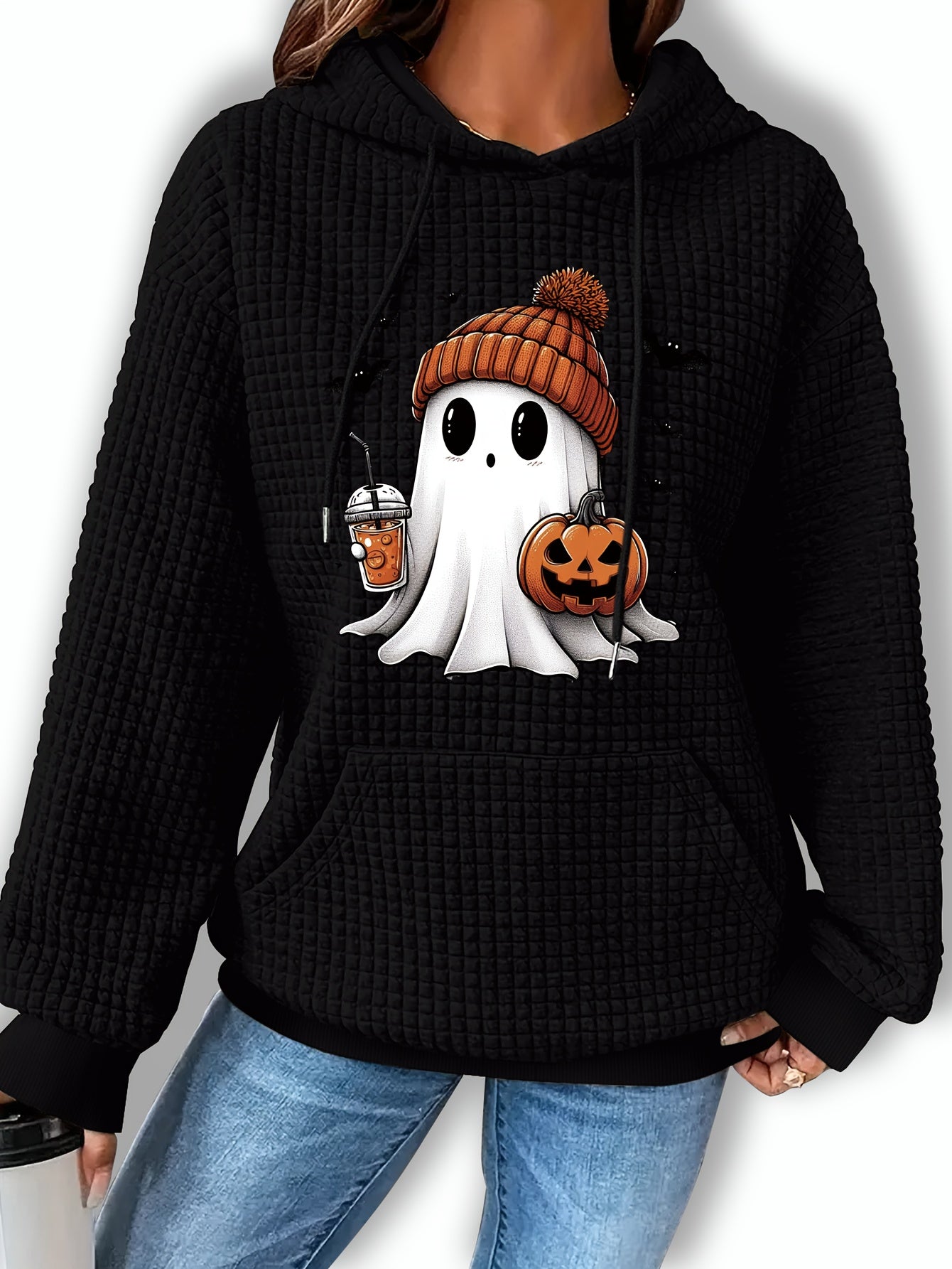 Zwarte Halloween Hoodie met Spook- en Pompoenprint – Femke