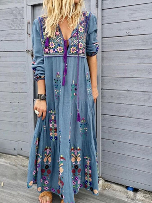 Blauwe Retro Bohemian Print Jurk - Yara