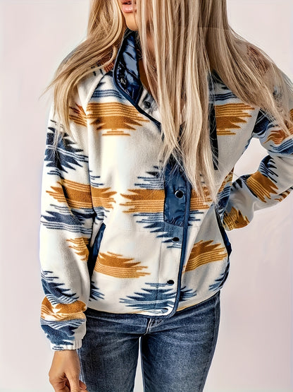 Koningsblauwe Aztec Print Jas met Knopen - Yara