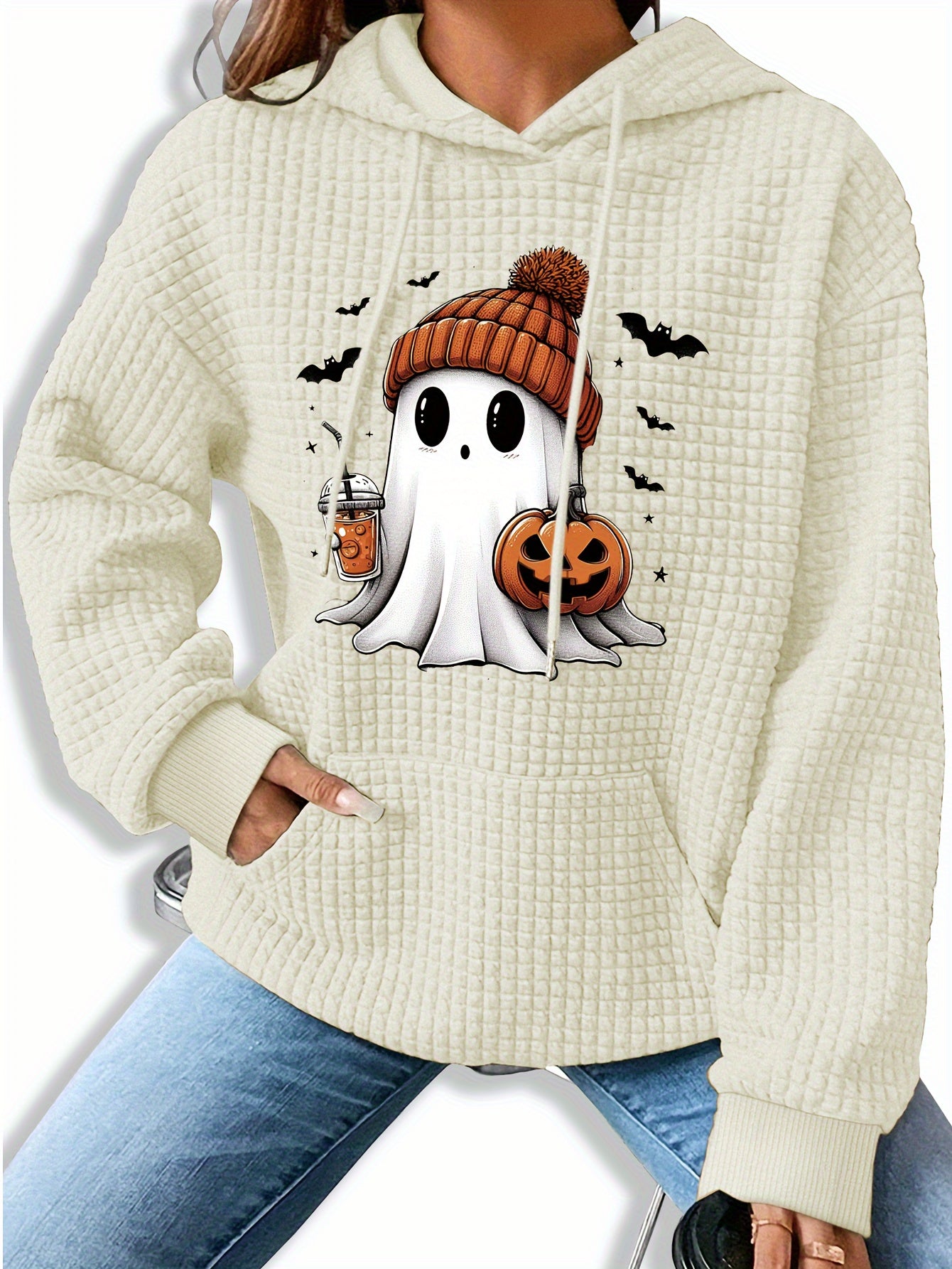 Zwarte Halloween Hoodie met Spook- en Pompoenprint – Femke