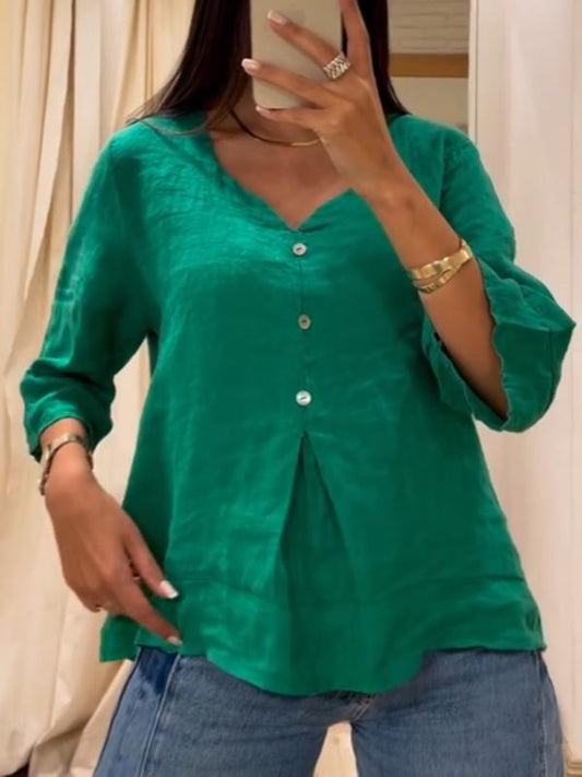 Zoe – Groene linnen en katoenen blouse