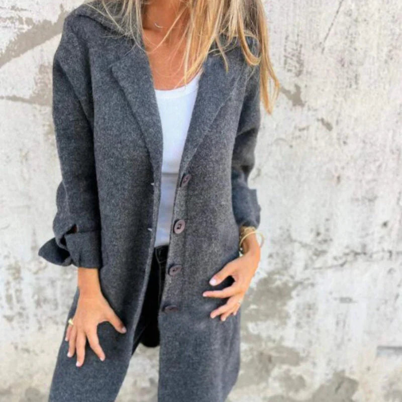 Khaki Lange Cardigan met Revers en Ceintuur - Emma