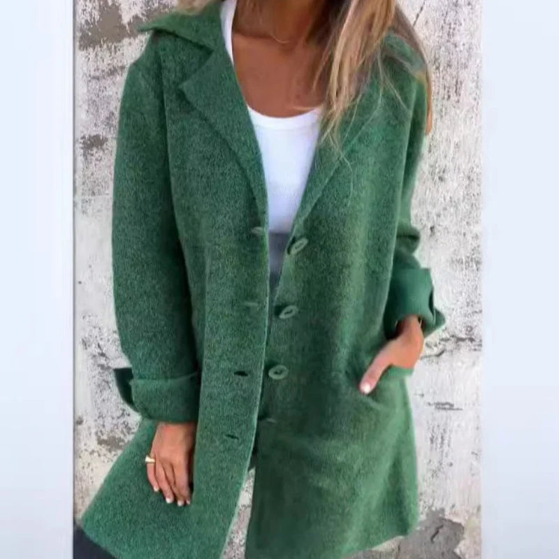 Khaki Lange Cardigan met Revers en Ceintuur - Emma