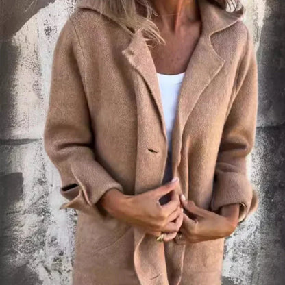 Khaki Lange Cardigan met Revers en Ceintuur - Emma