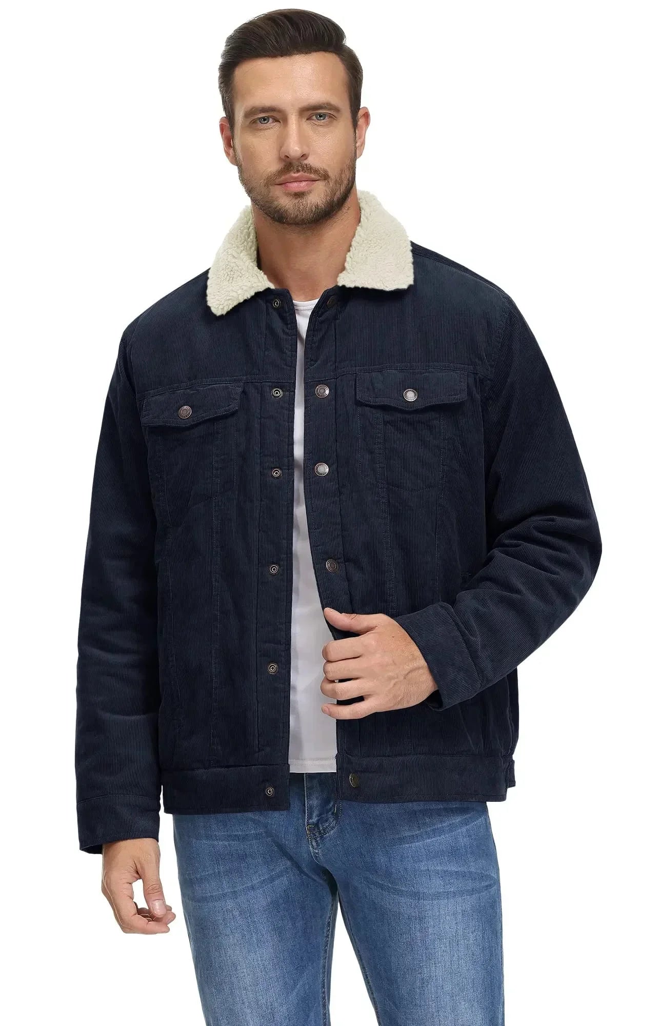 Donkerblauwe Corduroy Jas met Sherpa Voering - Lucas